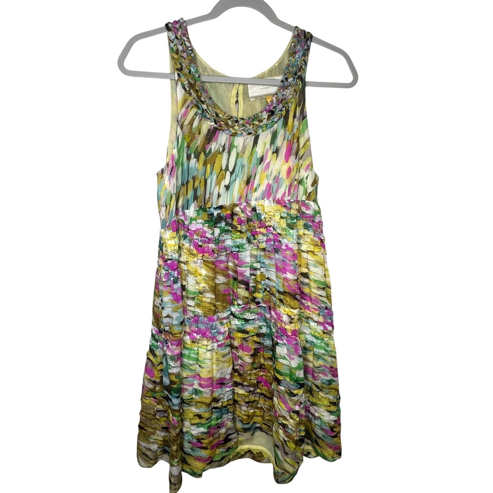 Anthropologie Leifsdottir Silk Yellow Watercolor Tiered Dress Women 4 Boho Artsy - Picture 1 of 12